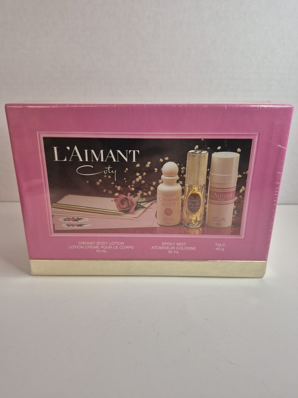 Vintage Coty L'Aimant Fragrance Gift Set Spray Mist Body Lotion and Talc NIB NOS